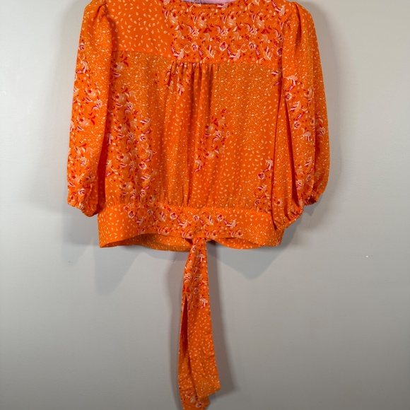 Joie Orange w/ Small Floral Print Crop Top with Elbow Length Puff Sleeves Size L - Picture 5 of 6